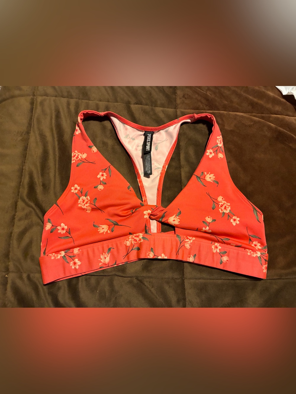 PINK Victoria's Secret Coral Floral Knot-Front Sports Bra, size medium